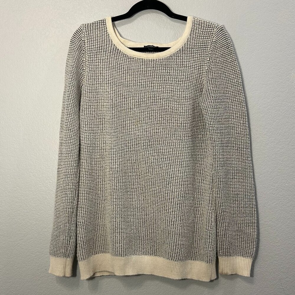🌙 EXPRESS Striped Waffle Silver Knit Crew Neck Sweater – Large 🌙
